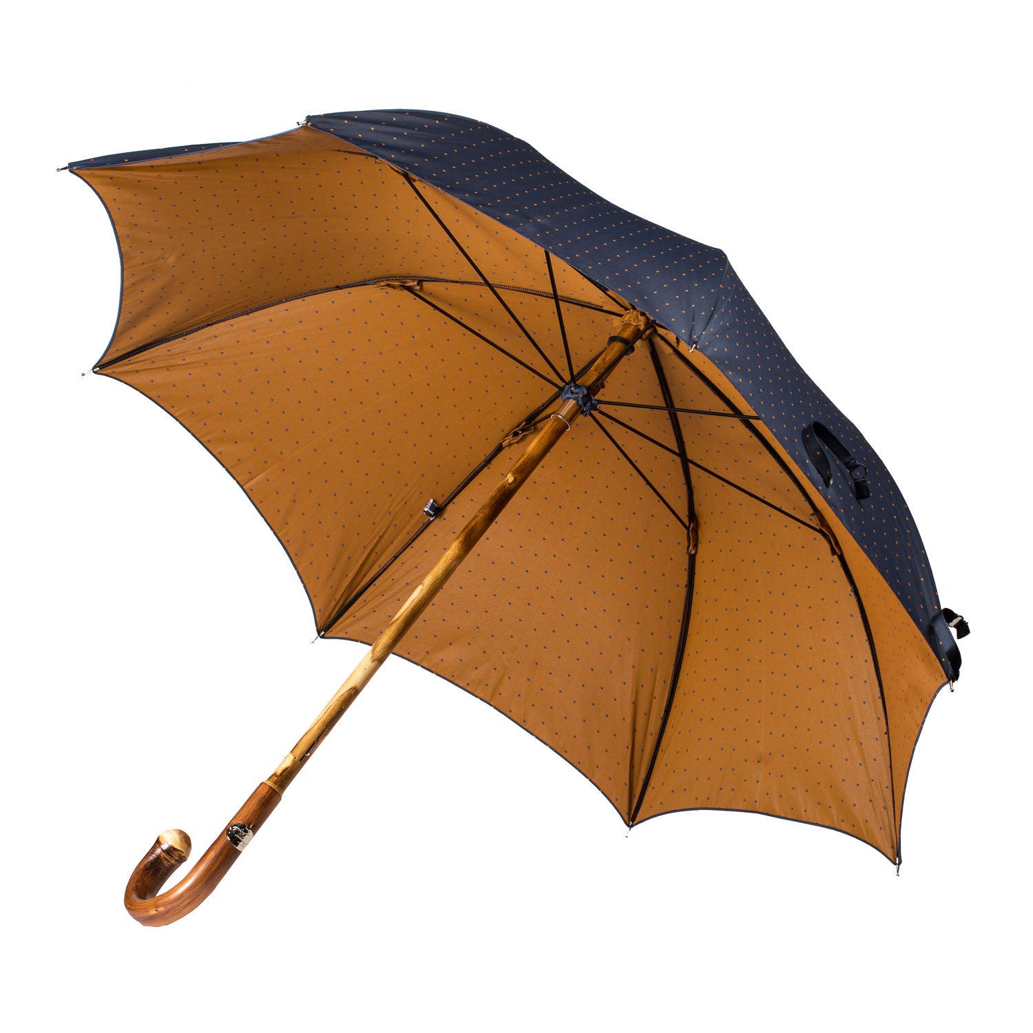 Blue Umbrella with Light Brown Dots and Handle made of Chestnut Wood